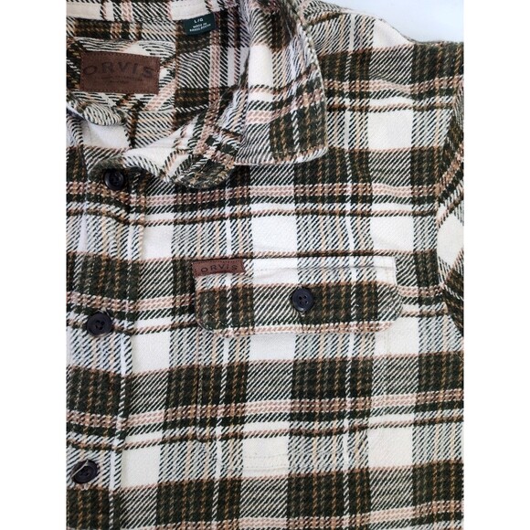 Orvis Heavy Flannel Mens Sz L Shirt Plaid Button Up Green Cream w Side Pockets - Picture 9 of 12